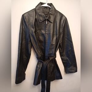 Black Leather Jacket Colebrook Women's Belted Jacket Size Large COLEBROOK
